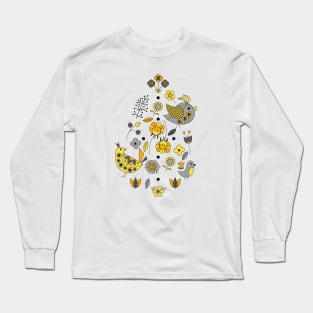 Scandinavian Folklore Yellow and Grey birds Long Sleeve T-Shirt